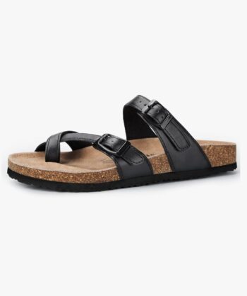 Women's Cork Footbed Sandals - Cow Suede Slide Sandals for Women with Adjustable Strap Buckle Open Toe Beach Sandals