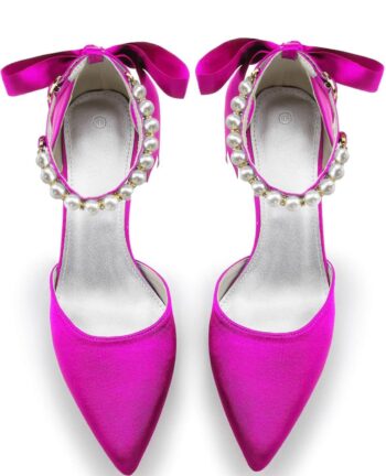 Coutgo Womens Pearl Ankle Strap Pumps Low Kitten Heel D'Orsay Satin Back Tieknot Heels Pointed Toe Wedding Party Dress Shoes