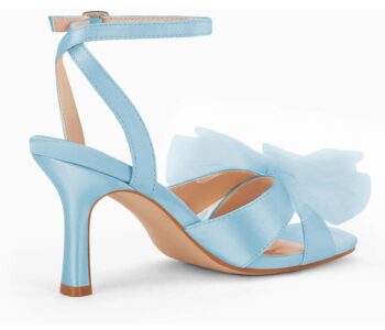 Coutgo Womens Lace Bow Heels Sandals Open Square Toe Stiletto High Heel Ankle Strap Bride Wedding Dress Shoes