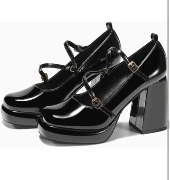 Coutgo Womens Mary Jane Heels Chunky Platform Loafer Shoes Block Heel Closed Square Toe Pumps Cross Strap High Heel Dress Shoes