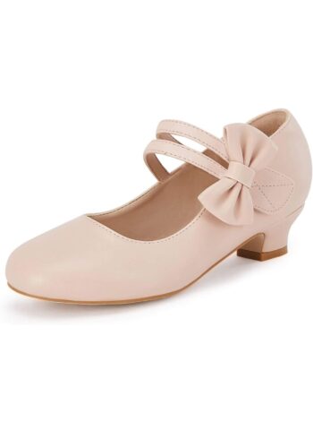 Coutgo Girls Dress Shoes Mary Jane Shoes Flower Princess Wedding Party Girl School Shoes Low Heel Flats for Toddler Little Big Kids, Nude,