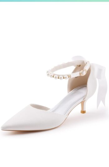 Coutgo Womens Pearl Ankle Strap Pumps Low Kitten Heel D'Orsay Satin Back Tieknot Heels Pointed Toe Wedding Party Dress Shoes