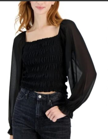 HIPPIE ROSE women's Smocked Square-neck mesh sleeve black Top