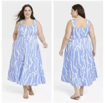 NWT) Ava & Viv Women's Button-Front A-Line Dress, Light Blue Abstract