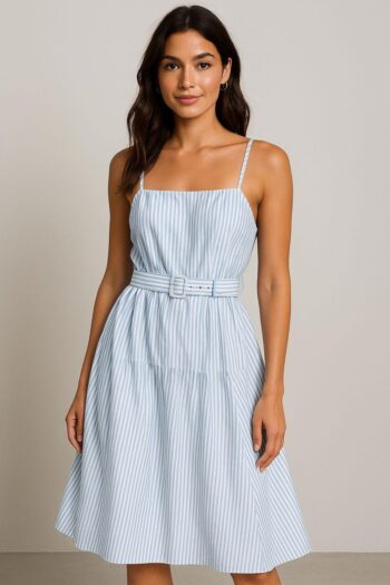 A New Day Women's Midi Bandeau Dress Belted Removable Straps Blue Stripe