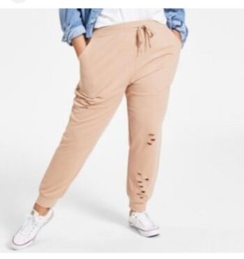 JOLIE & JOY TAN DRAWSTRING DISTRESSED JOGGERS NWT