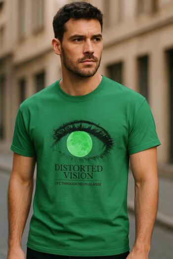 The shirt is a green short-sleeve tee featuring a bold black eye graphic with a neon green center and the text “DISTORTED VISION – Life Through Neon Glasse” beneath it
