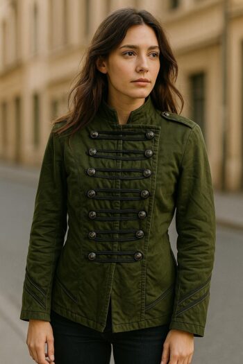an olive green zip up jacket with decorative buttons and black trim details.