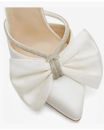 Coutgo Womens Bow Heels Mules Pointed Closed Toe Sandals Rhinestone Satin Backless Wedding Shoes