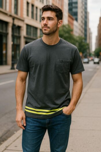 a dark grey T-Shirt with a chest pocket and a bold neon yellow double stripes along the hem.