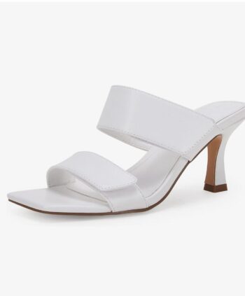 Ermonn Womens Two Strap Heeled Sandals Slip On Square Open Toe Stiletto Faux Leather Backless Mule Heels Slippers