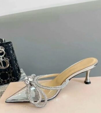 Womens Rhinestone PVC Sandals Transparent Bow Stiletto Slippers Pointed Toe High Heels Sandalias