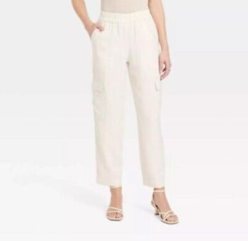 A New Day Womens Cream Cargo Pants Size S Linen-Blend Elastic Waist