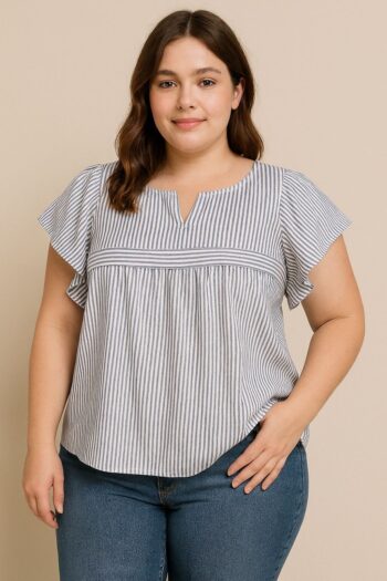 blue and white stripped short sleeve top