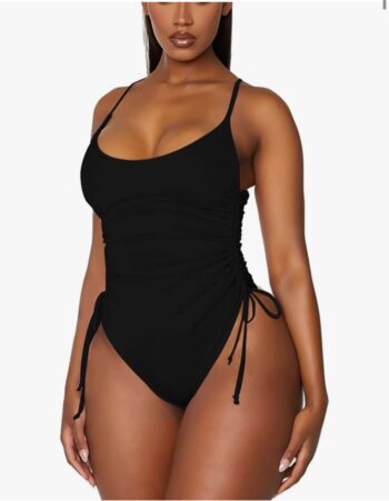 black swimsuit with adjustable straps near hips