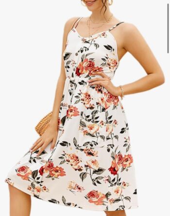 Womens Strappy V Neck Flowy Midi Boho Dress with Pockets Button Front Floral Aline Midi Chiffon Sundress