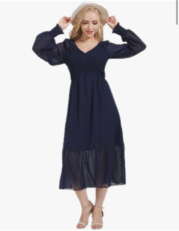 Women Embroidered Dots V Neck Smocked Empire Waist Chiffon Dress Long Puff Sleeves Ruffle Midi Dress