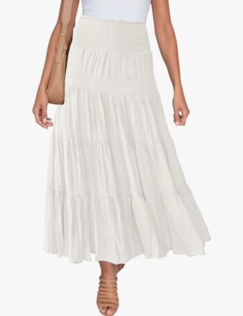 Women's Summer Flowy Boho Maxi Skirt Trendy Drawstring Elastic High Waist Pleated Tiered A Line Beach Long Skirts