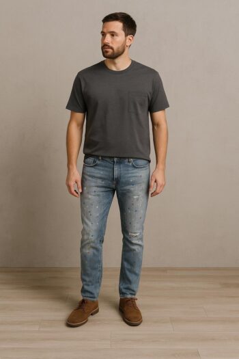 Blue jeans with a slim fit featuring colorful paint splatter details and minor distressed accents for a artistic look