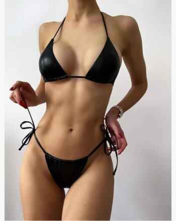 Women's Metallic Halter Top Two Piece Swimsuit Tie Side Triangle Thong Bikini Bathing Swimwear