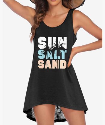 Women's Sleeveless Swimwear Coverups T-Shirt Beach Dress Tank Bikini Cover Up with Print