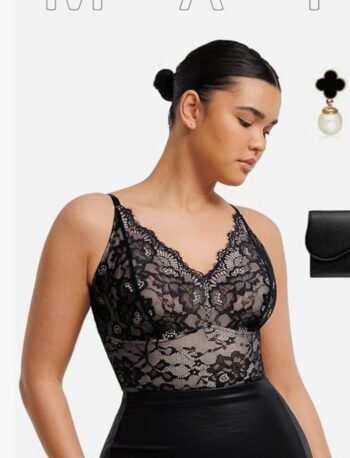 FeelinGirl Shapewear Bodysuits for Women Lace Shapewear Tummy Control V-Neck Sleeveless Bodysuit Tops Jumpsuit
