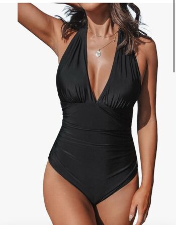 CUPSHE Women V Neck One Piece Swimsuit Halter Backless Ruched Tummy Control Bathing Suit