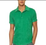 Green fuzzy open collar button up polo