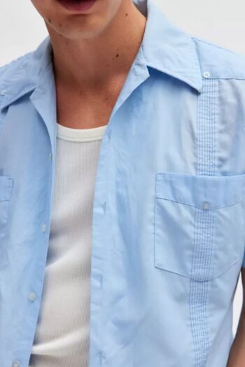 men linen blue button up long sleeve