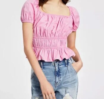 women’s pink puffed sleeve open bottom top