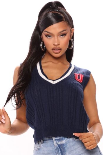 Women’s Sleeveless White collar Navy blue Varsity Patch top