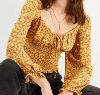 Women’s yellow sweetheart neck floral string top long sleeve