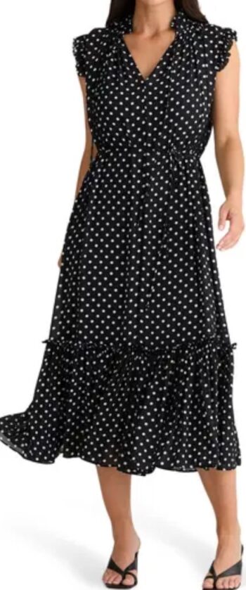 Broadway cap sleeve tiered midi dress polka dot