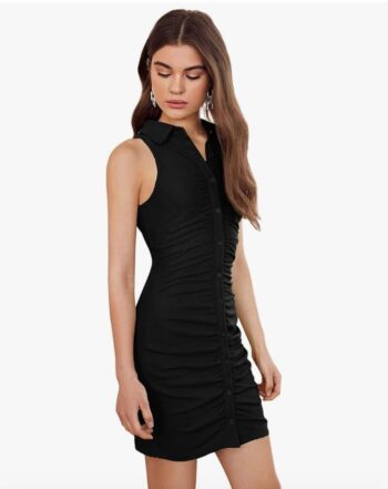 Women's Button Front Collar Short Sleeve Rib Knit Bodycon Mini Dress