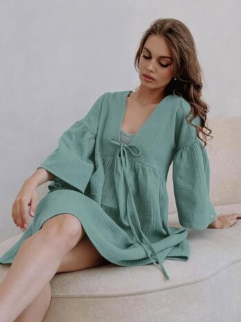 woman’s Casual Aesthetics Half Sleeve Dresses V-Neck Soft Dresses Summer Basic Loose Mini Dresses