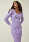 Women’s long sleeve purple and violet patterned collared dress