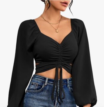 Women's V Neck Ruched Lantern Long Sleeve Tie Back Crop Top Blouse