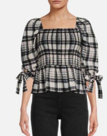 Woman’s Puff Sleeve Black White Rose Plaid Top