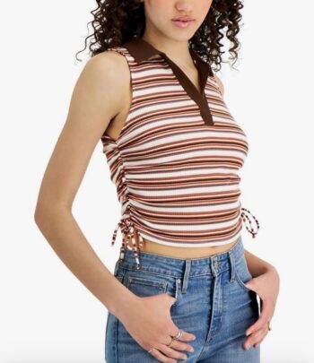 women’s striped brown peach collared top string sides