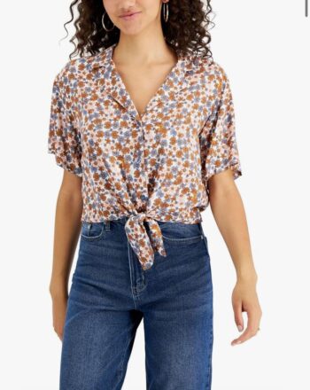 Woman Open collar Tie-Hem Notched-Lapel Shirt buttoned