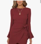 Spring Dresses for Women Long Horn Sleeve Ruched Wrap Dress Waffle Crew Neck Tie Waist Short Dresses