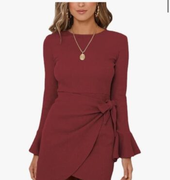 Spring Dresses for Women Long Horn Sleeve Ruched Wrap Dress Waffle Crew Neck Tie Waist Short Dresses