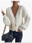 SweatyRocks Women's Cable Knit Long Sleeve V Neck Cardigan Drop Shoulder Button Front Sweater