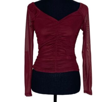 Crave Fame Women's Wine Red Fitted Ruched Long Sleeve Holiday Blouse Shirt