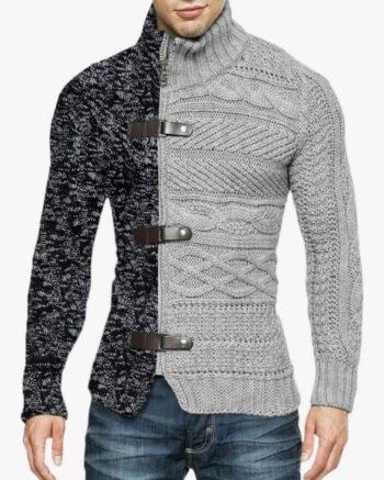 Karlywindow Men's Cable Knitted Oplique Zip Button Front Long Sleeve Cardigan Sweater