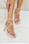 Coutgo Womens Strappy Square Toe Heels Sandals Lace Up Kitten Heeled Sandals Quilted Party Dress Shoes