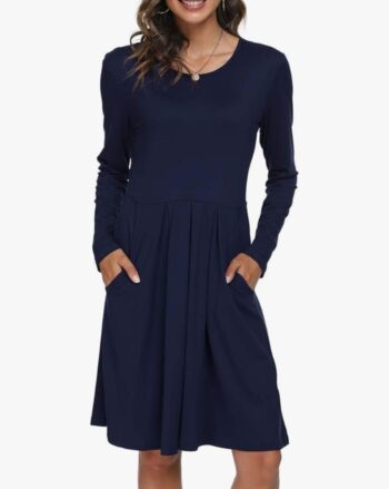 Women's Casual Long Sleeve Flowy Pleated Fall Dresses with Pockets