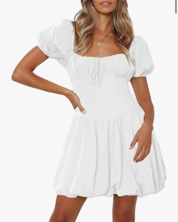 ummer Square Neck Puff Short Sleeve Mini Dress Tie Front Bubble Dresses