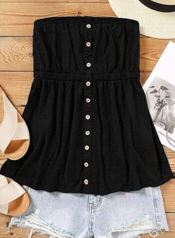 Button Strapless Bandeau Tank Women Sleeveless Backless Tube Tops Pleated Summer Casual Holiday Tanks Shirt Blouse