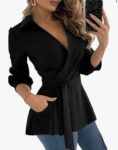 Women's Elegant Work Blouses Wrap V Neck Belted Blouse Dressy Casual Long Sleeve Shirts Peplum Tops with Pockets